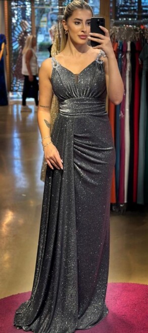 Black Silver Thick Strap Stone Detailed Slit Straight Cut Glitter Long Evening Dress 7597 