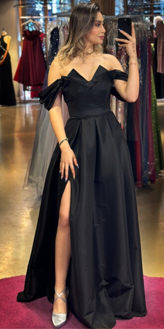 Black Slit Flared Skirt Long Evening Dress 7637 