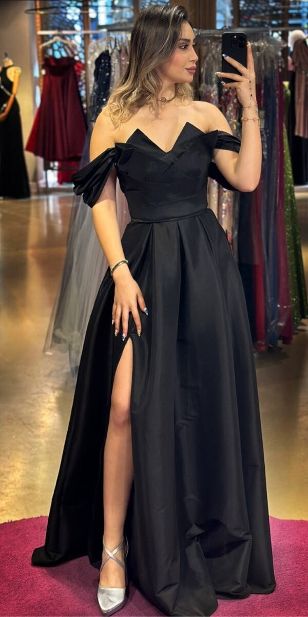 Black Slit Flared Skirt Long Evening Dress 7637 - 1