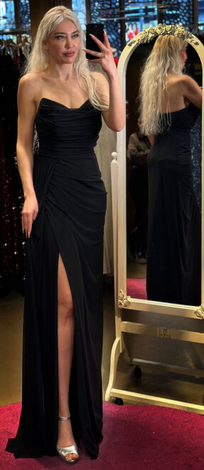 Black Slit Straight Cut Lycra Long Evening Dress 7498 