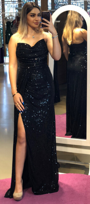 Black Slit Straight Cut Sequin Long Evening Dress 7368 