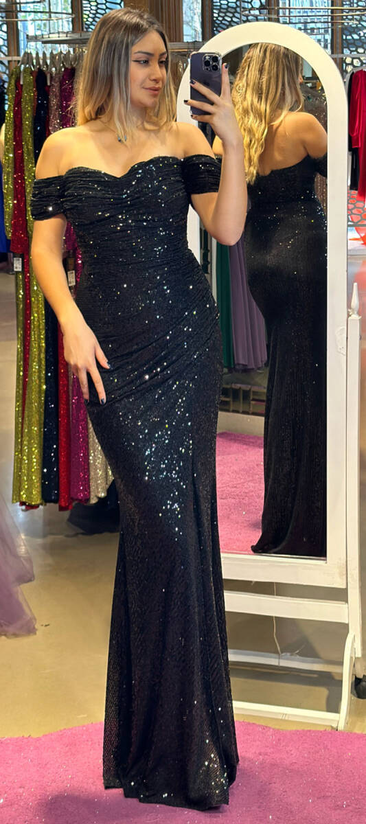 Black Slit Straight Cut Sequin Long Evening Dress 7379 - 1