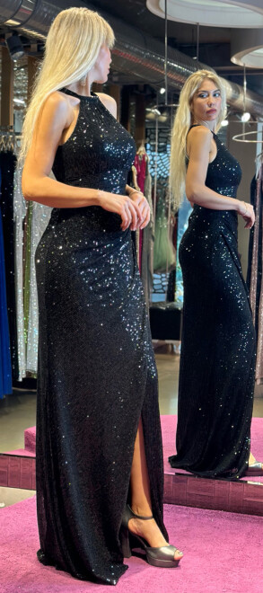 Black Slit Straight Cut Sequin Long Evening Dress 7419 - 3