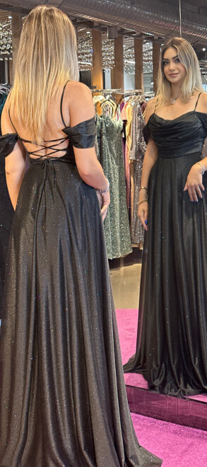 Black Spaghetti Strap Low-Cut Back Flared Skirt Glitter Fabric Long Evening Dress 7365 - 5