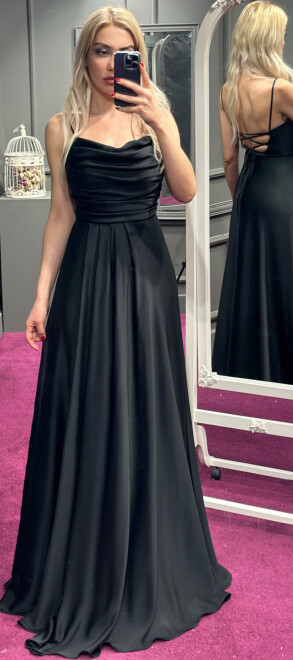 Black Spaghetti Strap Low-Cut Back Flared Skirt Satin Long Evening Dress 7281 