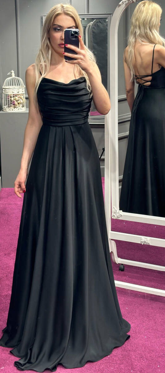 Black Spaghetti Strap Low-Cut Back Flared Skirt Satin Long Evening Dress 7281 - 1