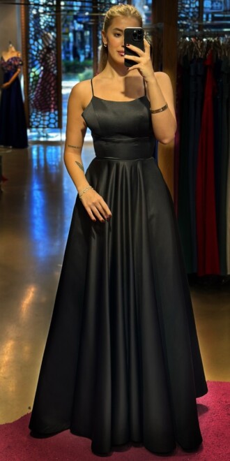 Black Spaghetti Strap Low-Cut Back Flared Skirt Satin Long Evening Dress 7590 - 1