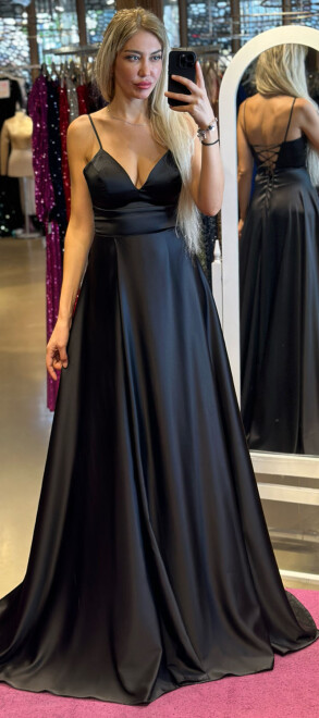 Black Spaghetti Strap Low-Cut Back Wrap Slit Flared Skirt Satin Long Evening Dress 6777 - 1