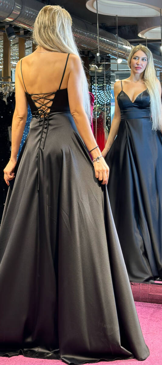 Black Spaghetti Strap Low-Cut Back Wrap Slit Flared Skirt Satin Long Evening Dress 6777 - 5