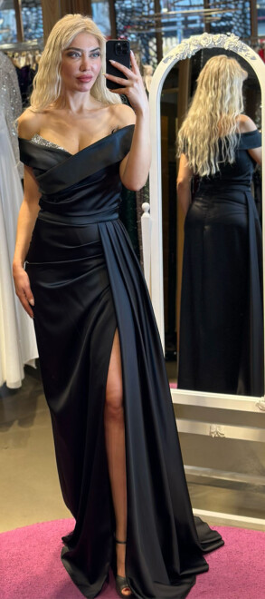 Black Stone Detailed Slit Straight Cut Satin Long Evening Dress 7443 