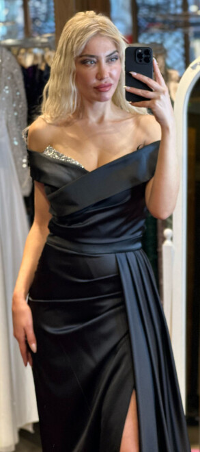 Black Stone Detailed Slit Straight Cut Satin Long Evening Dress 7443 - 2