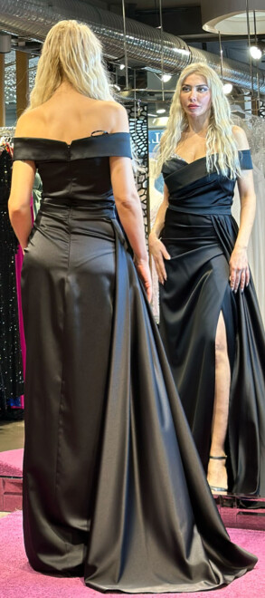 Black Stone Detailed Slit Straight Cut Satin Long Evening Dress 7443 - 5