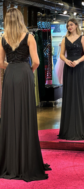 Black Thick Strap Beaded Flared Skirt Chiffon Long Evening Dress 7464 - 5