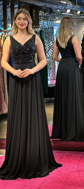 Black Thick Strap Beaded Flared Skirt Chiffon Long Evening Dress 7464 - 3