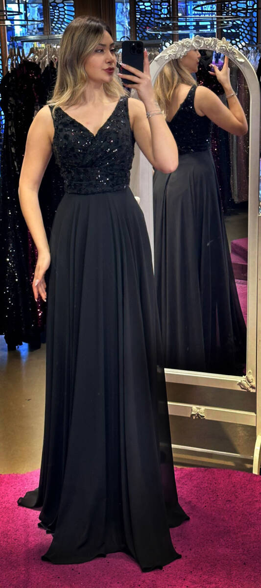 Black Thick Strap Beaded Flared Skirt Chiffon Long Evening Dress 7464 - 1