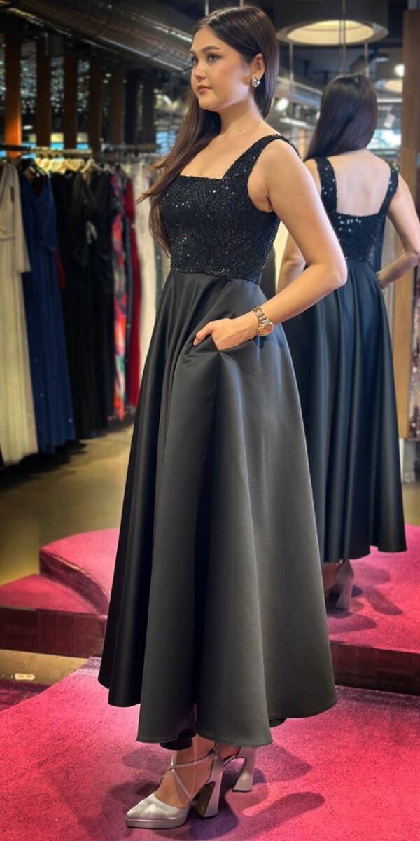 Black Thick Strap Beaded Flared Skirt Satin Midi Evening Dress 7662 - 3