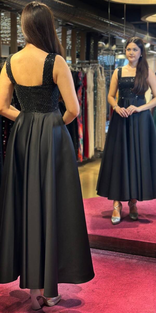 Black Thick Strap Beaded Flared Skirt Satin Midi Evening Dress 7662 - 5