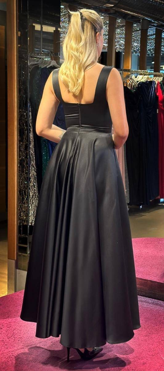 Black Thick Strap Flared Skirt Satin Midi Evening Dress 7631 - 5