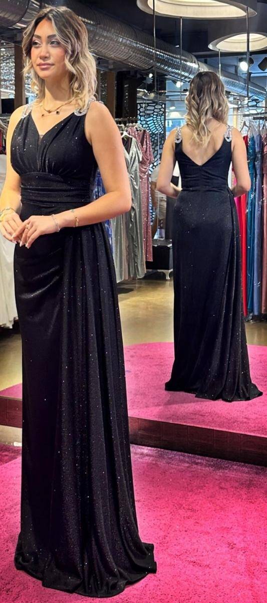 Black Thick Strap Stone Detailed Slit Straight Cut Glitter Long Evening Dress 7597 - 3