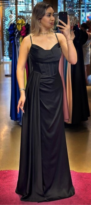 Black Thin Strapped Slit Straight Cut Satin Long Evening Dress 7564 - 1