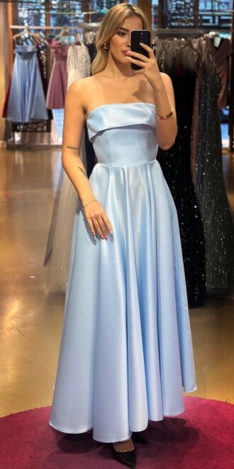 Blue Flared Skirt Satin Midi Evening Dress 7647 