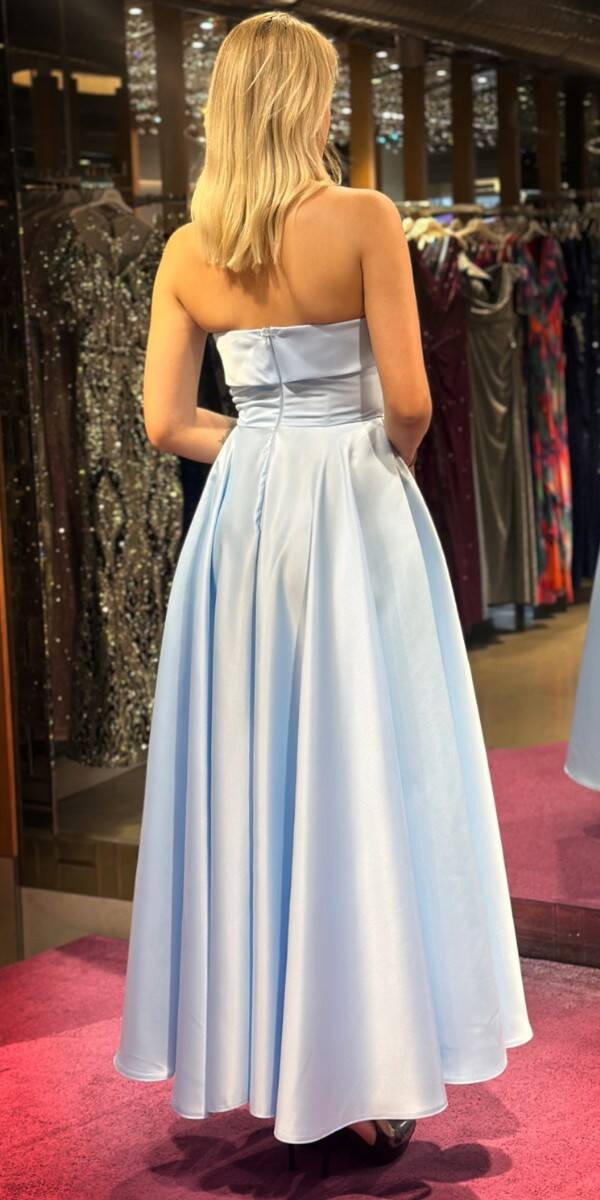 Blue Flared Skirt Satin Midi Evening Dress 7647 - 5