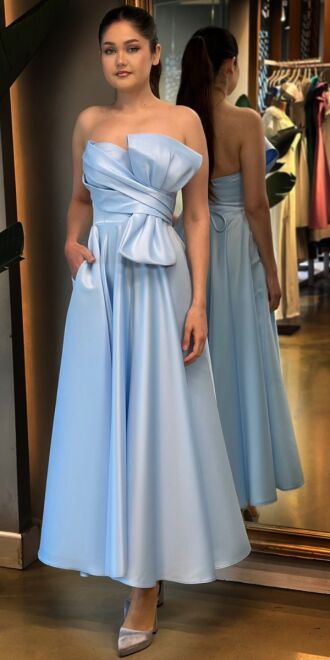 Blue Flared Skirt Satin Midi Evening Dress 7657 