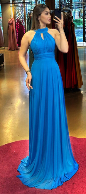 Blue Low-Cut Back Flared Skirt Tulle Long Evening Dress 6034 