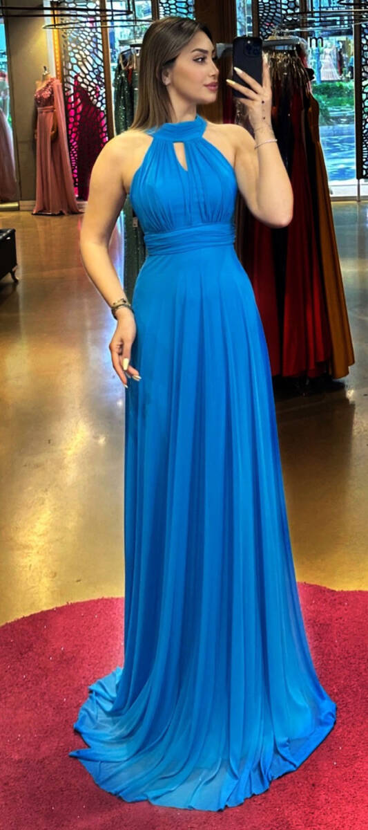 Blue Low-Cut Back Flared Skirt Tulle Long Evening Dress 6034 - 1