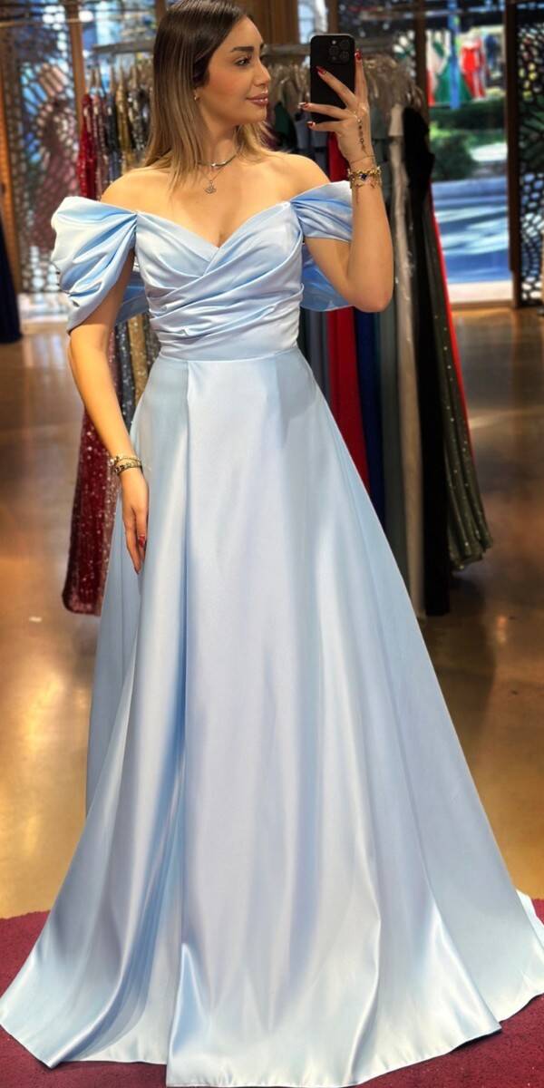 Blue Low Sleeve Wrap Slit Flared Skirt Satin Long Evening Dress 7568 - 1