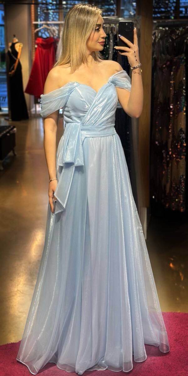 Blue Low Sleeve Wrap Slit Flared Skirt Tulle Long Evening Dress 7607 - 1