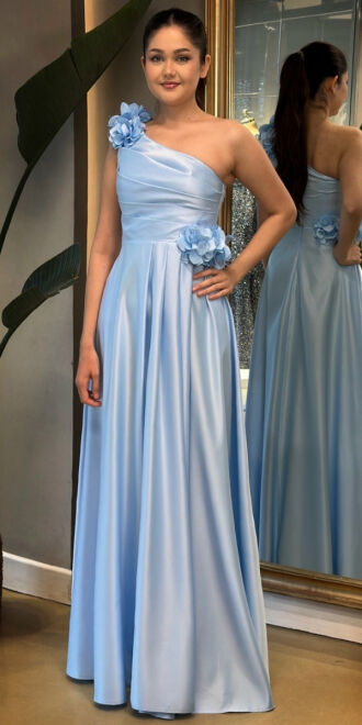 Blue One Shoulder Floral Detailed Flared Skirt Satin Long Evening Dress 7659 