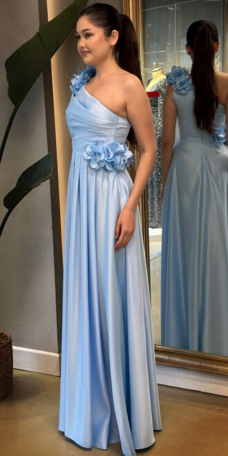 Blue One Shoulder Floral Detailed Flared Skirt Satin Long Evening Dress 7659 - 3