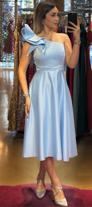 Blue One Shoulder Satin Midi Evening Dress 7466 