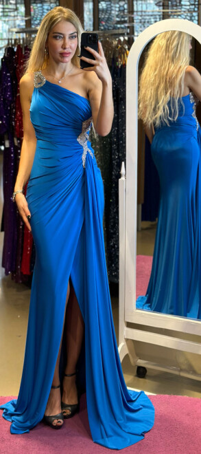 Blue One Shoulder Stone Detailed Wrap Slit Lycra Long Evening Dress 7414 