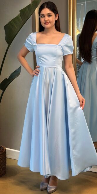 Blue Short Sleeve Ribbon Detailed Flared Skirt Satin Midi Evening Dress 7673 