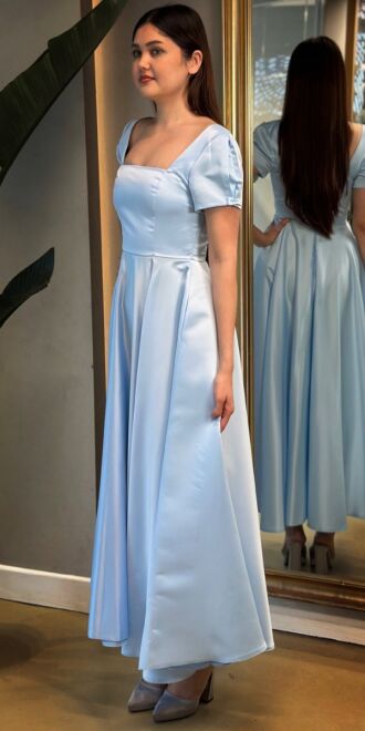 Blue Short Sleeve Ribbon Detailed Flared Skirt Satin Midi Evening Dress 7673 - 3