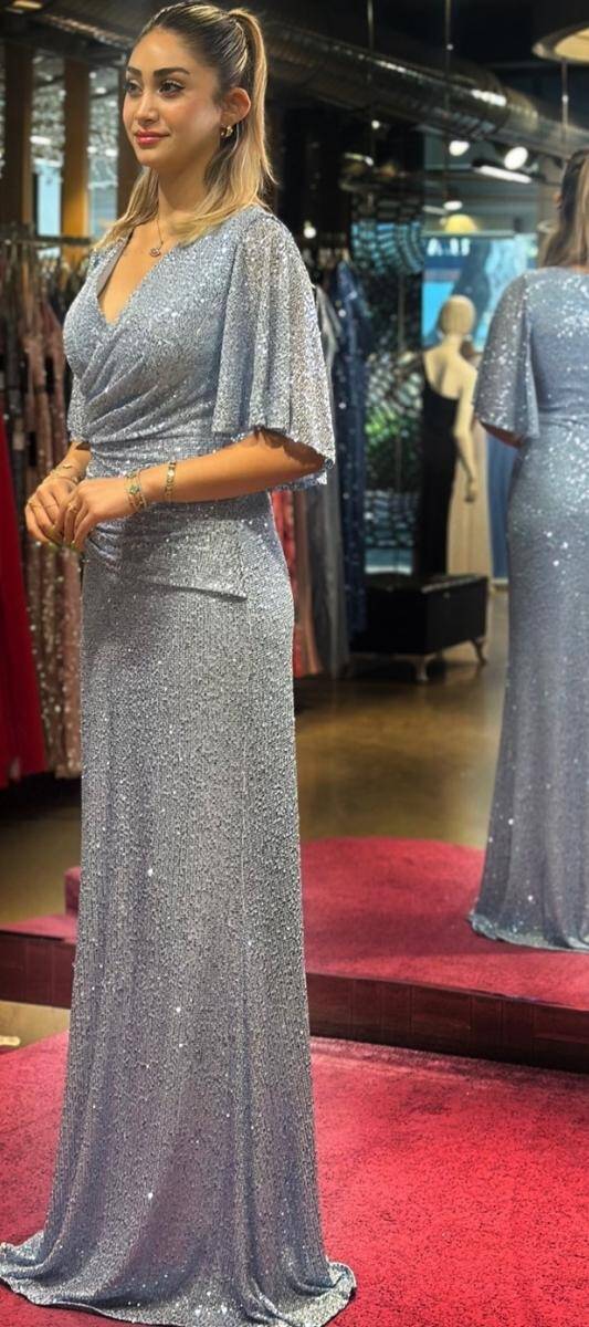 Blue Short Sleeve Straight Cut Sequin Long Evening Dress 7572 - 3