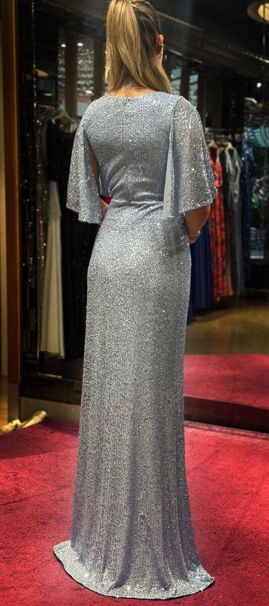 Blue Short Sleeve Straight Cut Sequin Long Evening Dress 7572 - 5