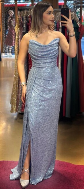 Blue Slit Straight Cut Sequin Long Evening Dress 7368 