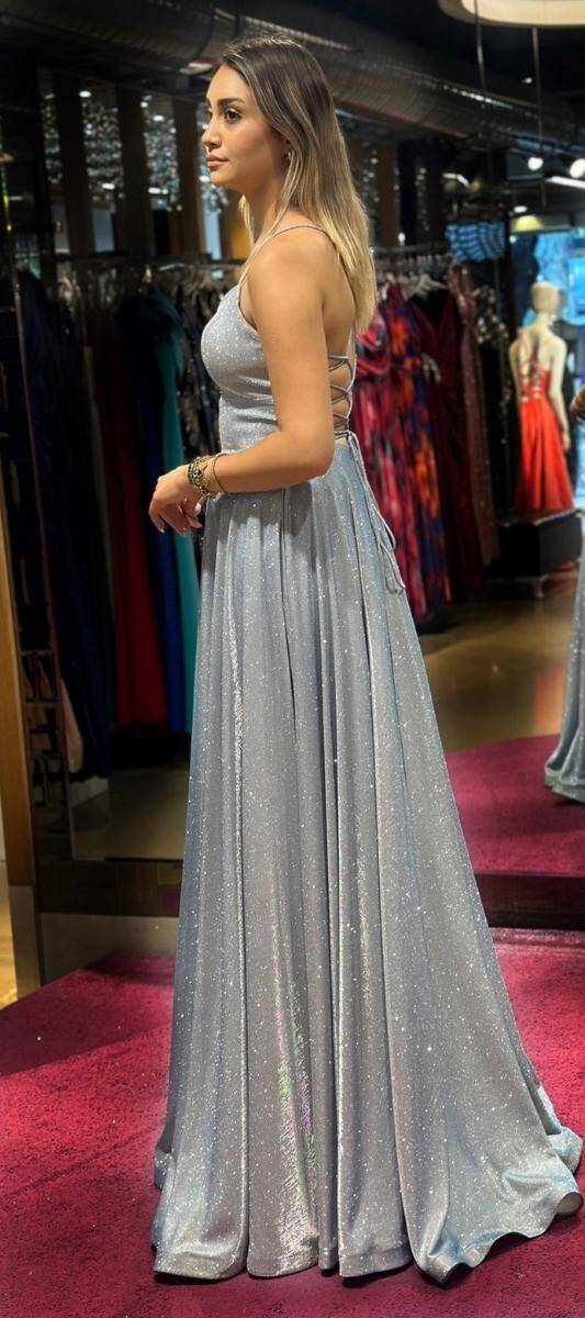 Blue Spaghetti Strap Low-Cut Back Flared Skirt Glitter Long Evening Dress 7601 - 3