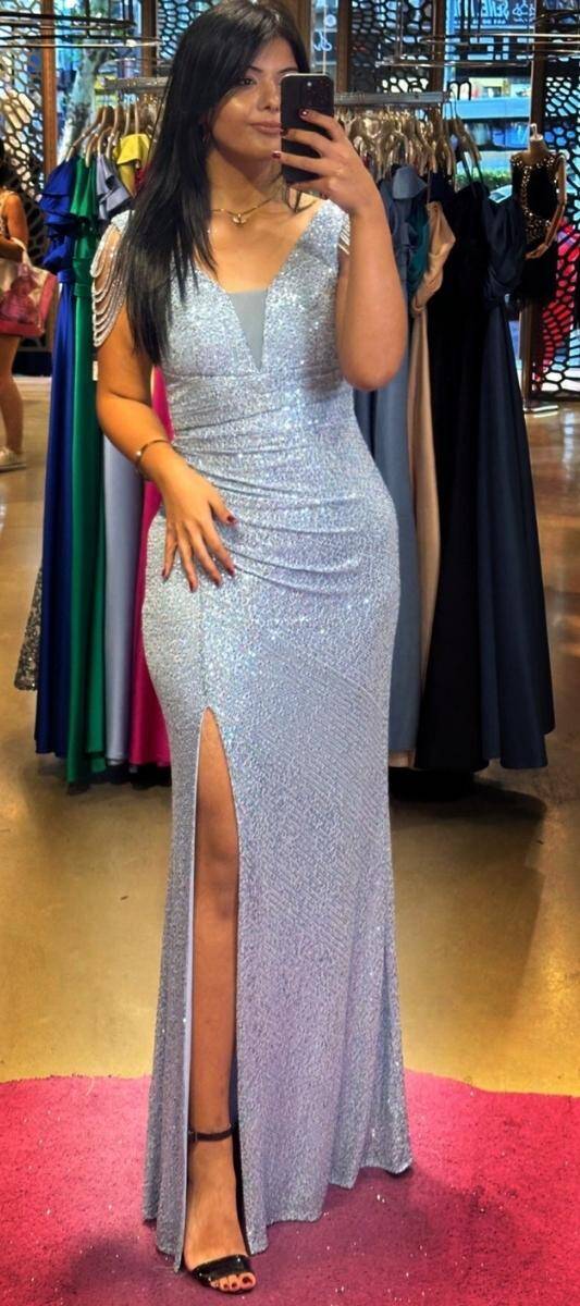 Blue Thick Strap Beaded Slit Straight Cut Sequin Long Evening Dress 7570 - 1