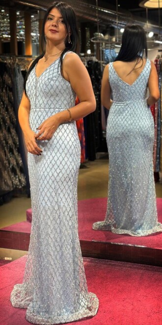 Blue Thick Strap Beaded Straight Cut Glitter Long Evening Dress 7587 - 3