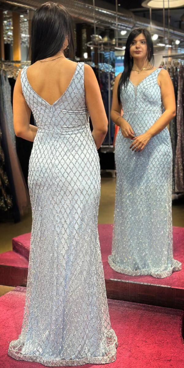 Blue Thick Strap Beaded Straight Cut Glitter Long Evening Dress 7587 - 5