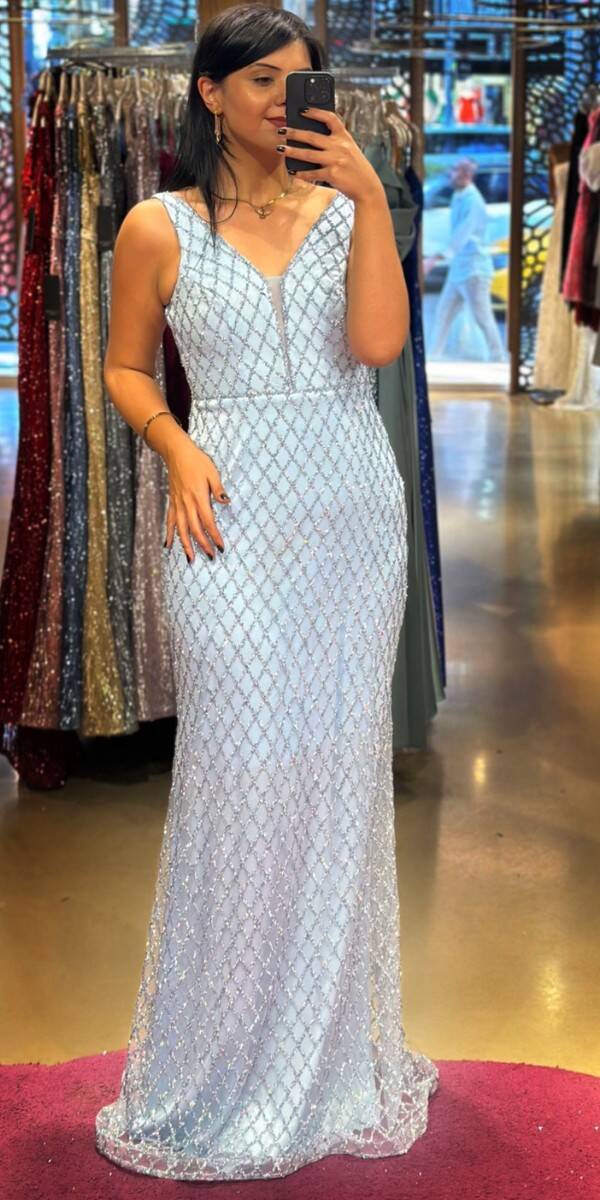 Blue Thick Strap Beaded Straight Cut Glitter Long Evening Dress 7587 - 1