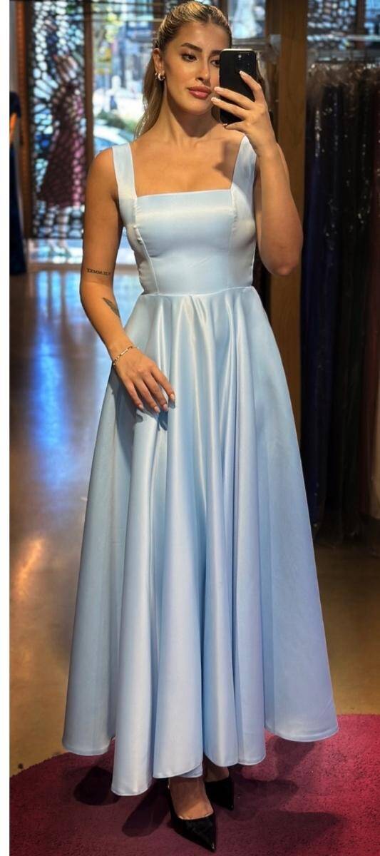 Blue Thick Strap Flared Skirt Satin Midi Evening Dress 7631 - 1