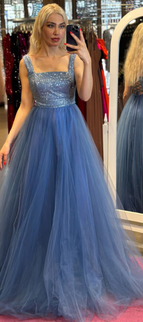 Blue Thick Strap Flared Skirt Tulle Long Evening Dress 7391 - 1