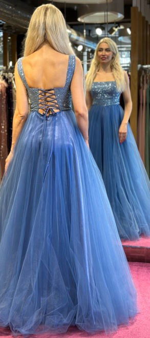 Blue Thick Strap Flared Skirt Tulle Long Evening Dress 7391 - 3