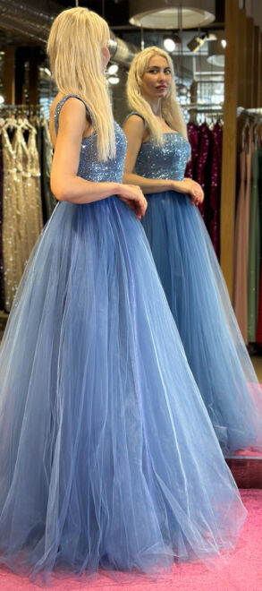 Blue Thick Strap Flared Skirt Tulle Long Evening Dress 7391 - 4