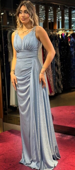 Blue Thick Strap Stone Detailed Slit Straight Cut Glitter Long Evening Dress 7597 - 3